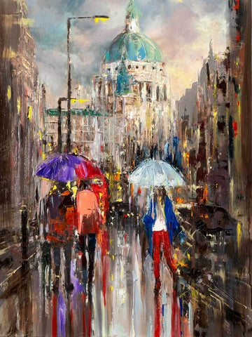 'Autumn Walk in St.Pauls'  Oil Painting on Canvas Ready to Hang - Eva Czarniecka Umbrella Oil paintings Rain London Streets Pallets Knife Limited Edition Prints Impressionism Art Contemporary