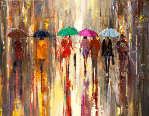 'In Autumn Rain'  Oil Painting on Canvas Ready to Hang - Eva Czarniecka Umbrella Oil paintings Rain London Streets Pallets Knife Limited Edition Prints Impressionism Art Contemporary
