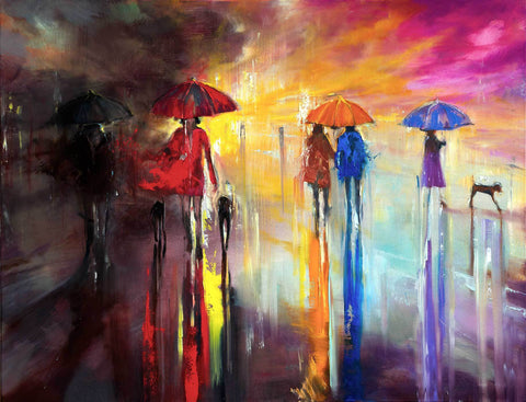 'Saturday Night Walks' Original Oil Painting on Canvas Ready to Hang - Eva Czarniecka Umbrella Oil paintings Rain London Streets Pallets Knife Limited Edition Prints Impressionism Art Contemporary