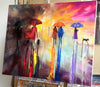 'Saturday Night Walks' Original Oil Painting on Canvas Ready to Hang - Eva Czarniecka Umbrella Oil paintings Rain London Streets Pallets Knife Limited Edition Prints Impressionism Art Contemporary