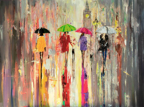 Reserved Oil Painting on Canvas Ready to Hang - Eva Czarniecka Umbrella Oil paintings Rain London Streets Pallets Knife Limited Edition Prints Impressionism Art Contemporary