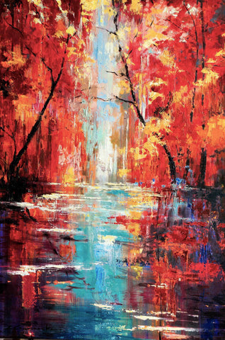 'Autumn River' Original Oil Painting on Canvas Ready to Hang - Eva Czarniecka Umbrella Oil paintings Rain London Streets Pallets Knife Limited Edition Prints Impressionism Art Contemporary