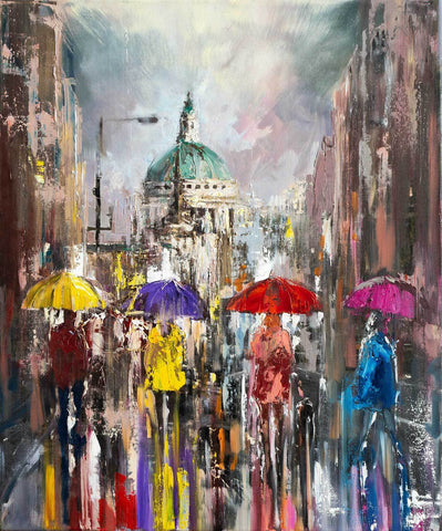 'London Stroll On A Rainy Day' Oil Painting on Canvas Ready to Hang - Eva Czarniecka Umbrella Oil paintings Rain London Streets Pallets Knife Limited Edition Prints Impressionism Art Contemporary