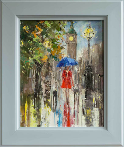 'London Spring' Framed Oil Painting on Canvas Ready to Hang - Eva Czarniecka Umbrella Oil paintings Rain London Streets Pallets Knife Limited Edition Prints Impressionism Art Contemporary