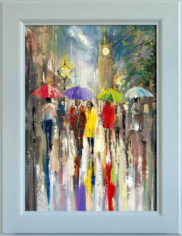 'Memories of London' Framed Oil Painting on Canvas Ready to Hang - Eva Czarniecka Umbrella Oil paintings Rain London Streets Pallets Knife Limited Edition Prints Impressionism Art Contemporary