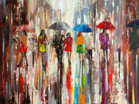 'Summer Rain' Original Oil Painting on Canvas - Eva Czarniecka Umbrella Oil paintings Rain London Streets Pallets Knife Limited Edition Prints Impressionism Art Contemporary