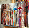 'Summer Rain' Original Oil Painting on Canvas - Eva Czarniecka Umbrella Oil paintings Rain London Streets Pallets Knife Limited Edition Prints Impressionism Art Contemporary