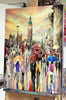 'London City Rush'  Original Oil Painting on Canvas - Eva Czarniecka Umbrella Oil paintings Rain London Streets Pallets Knife Limited Edition Prints Impressionism Art Contemporary