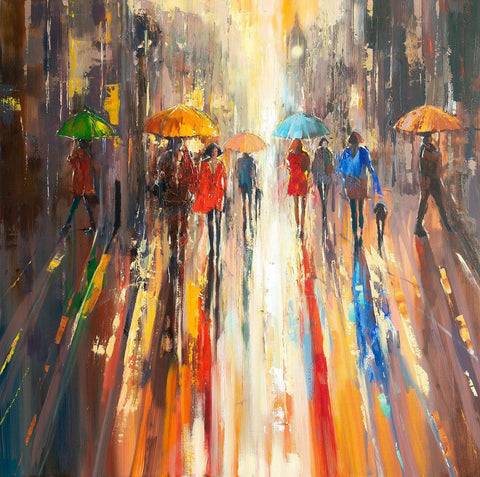 'August Evening Glow' Oil Painting on Canvas - Eva Czarniecka Umbrella Oil paintings Rain London Streets Pallets Knife Limited Edition Prints Impressionism Art Contemporary