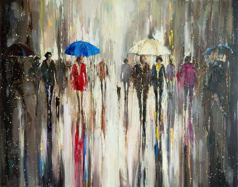 'Walking In Warm Light' Oil Painting on Canvas - Eva Czarniecka Umbrella Oil paintings Rain London Streets Pallets Knife Limited Edition Prints Impressionism Art Contemporary