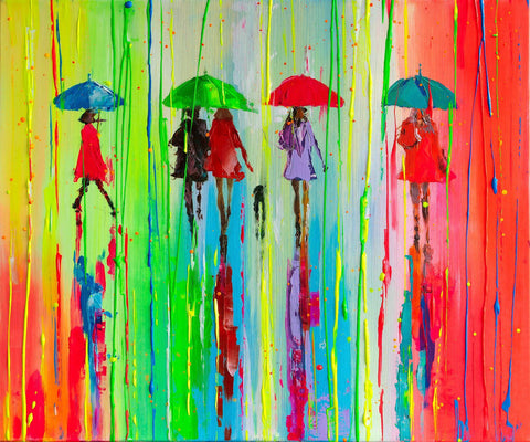 'Explosion' Acrylic Painting on Canvas - Eva Czarniecka Umbrella Oil paintings Rain London Streets Pallets Knife Limited Edition Prints Impressionism Art Contemporary