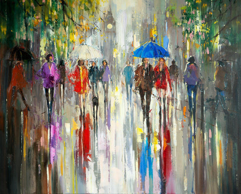 'Rainy Autumn in London' Oil Painting on Canvas - Eva Czarniecka Umbrella Oil paintings Rain London Streets Pallets Knife Limited Edition Prints Impressionism Art Contemporary