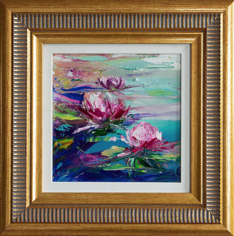 'Summer Pond Lilies'  Framed Oil Painting on Canvas - Eva Czarniecka Umbrella Oil paintings Rain London Streets Pallets Knife Limited Edition Prints Impressionism Art Contemporary