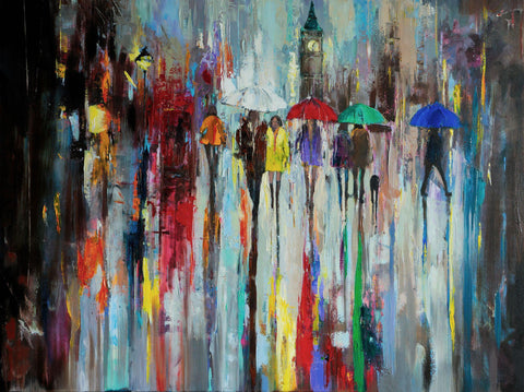 'London In Rain' Oil Painting on Canvas Ready to Hang - Eva Czarniecka Umbrella Oil paintings Rain London Streets Pallets Knife Limited Edition Prints Impressionism Art Contemporary