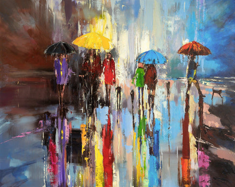 Beach Walks' Original Oil Painting on Canvas - Eva Czarniecka Umbrella Oil paintings Rain London Streets Pallets Knife Limited Edition Prints Impressionism Art Contemporary
