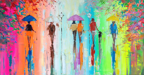 'Rain in Hyde Park' Original Painting on Canvas - Eva Czarniecka Umbrella Oil paintings Rain London Streets Pallets Knife Limited Edition Prints Impressionism Art Contemporary