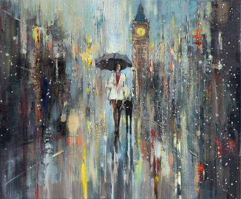 'Perfect Evening' Original Oil Painting on Canvas - Eva Czarniecka Umbrella Oil paintings Rain London Streets Pallets Knife Limited Edition Prints Impressionism Art Contemporary