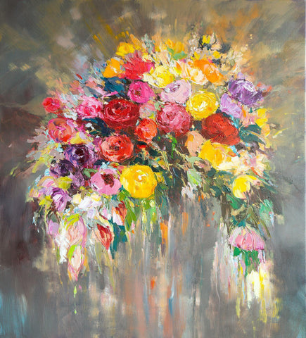 'Autumn Breeze Flowers' Original Oil Painting on Canvas - Eva Czarniecka Umbrella Oil paintings Rain London Streets Pallets Knife Limited Edition Prints Impressionism Art Contemporary