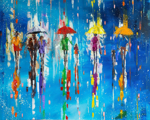'Walk In Colour' Oil Painting on Canvas - Eva Czarniecka Umbrella Oil paintings Rain London Streets Pallets Knife Limited Edition Prints Impressionism Art Contemporary