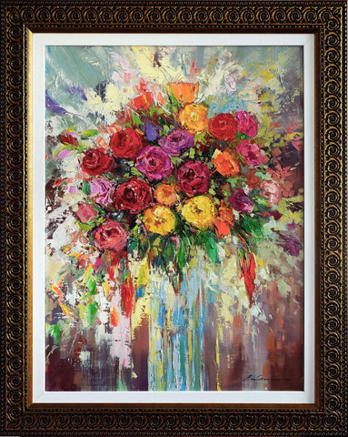 'Winter Roses' Oil Painting on Canvas Framed Ready to Hang - Eva Czarniecka Umbrella Oil paintings Rain London Streets Pallets Knife Limited Edition Prints Impressionism Art Contemporary