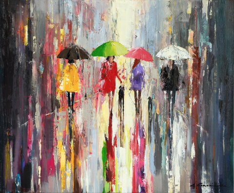 'Summer In The City Rain' Oil Painting on Canvas - Eva Czarniecka Umbrella Oil paintings Rain London Streets Pallets Knife Limited Edition Prints Impressionism Art Contemporary