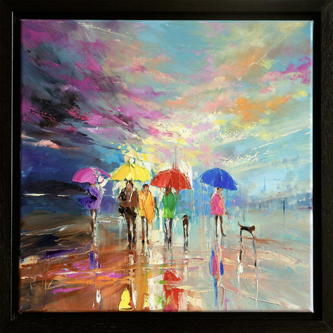 'Winter Walk'  Framed Oil Painting on Canvas Ready to Hang - Eva Czarniecka Umbrella Oil paintings Rain London Streets Pallets Knife Limited Edition Prints Impressionism Art Contemporary