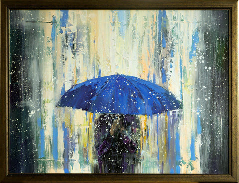 'Blue Umbrella'  Framed Oil Painting Ready to Hang - Eva Czarniecka Umbrella Oil paintings Rain London Streets Pallets Knife Limited Edition Prints Impressionism Art Contemporary