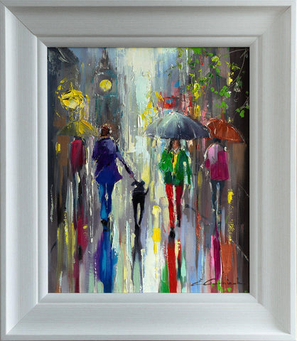 'Friday Rain' Framed Oil Painting on Canvas Ready to Hang - Eva Czarniecka Umbrella Oil paintings Rain London Streets Pallets Knife Limited Edition Prints Impressionism Art Contemporary