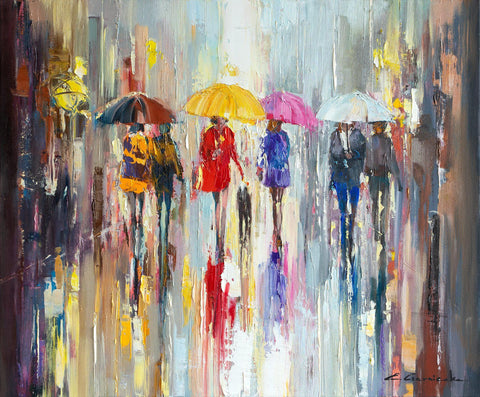 'City In Rain' Oil Painting on Canvas - Eva Czarniecka Umbrella Oil paintings Rain London Streets Pallets Knife Limited Edition Prints Impressionism Art Contemporary