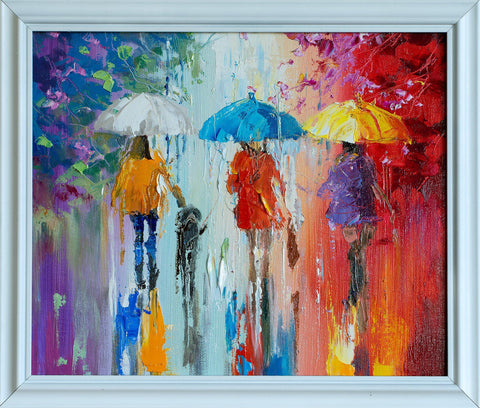 'Vibrations' Framed Oil Painting on Canvas - Eva Czarniecka Umbrella Oil paintings Rain London Streets Pallets Knife Limited Edition Prints Impressionism Art Contemporary