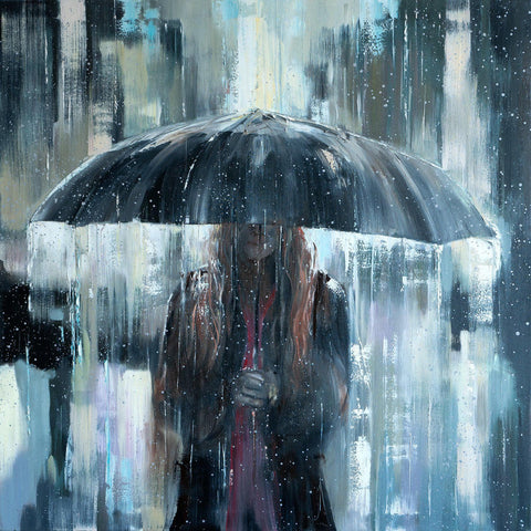 'Into The Unknown' Oil Painting on Canvas RESERVED - Eva Czarniecka Umbrella Oil paintings Rain London Streets Pallets Knife Limited Edition Prints Impressionism Art Contemporary