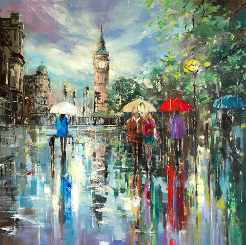'London Central' Oil Painting on Canvas - Eva Czarniecka Umbrella Oil paintings Rain London Streets Pallets Knife Limited Edition Prints Impressionism Art Contemporary
