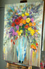 'Flowers in Blue Vase' Original Oil Painting on Canvas - Eva Czarniecka Umbrella Oil paintings Rain London Streets Pallets Knife Limited Edition Prints Impressionism Art Contemporary