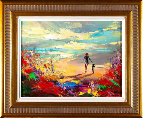 'Summer In The Horizon' Framed Hand Embellished Print - Eva Czarniecka Umbrella Oil paintings Rain London Streets Pallets Knife Limited Edition Prints Impressionism Art Contemporary
