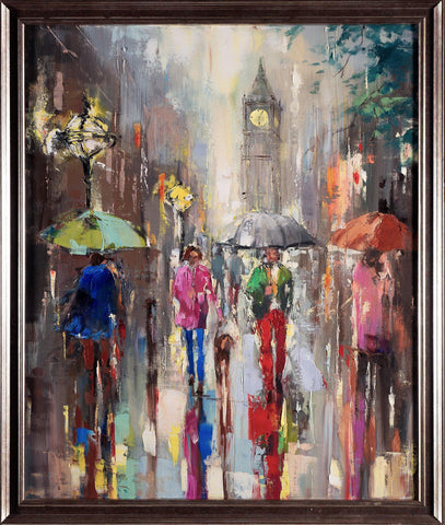 'City Rush Hour'  Painting on Canvas Framed Ready to Hang - Eva Czarniecka Umbrella Oil paintings Rain London Streets Pallets Knife Limited Edition Prints Impressionism Art Contemporary