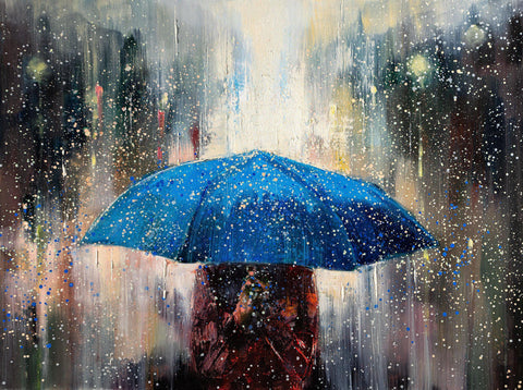 'Under Blue Umbrella I' Oil Painting on Canvas - Eva Czarniecka Umbrella Oil paintings Rain London Streets Pallets Knife Limited Edition Prints Impressionism Art Contemporary