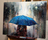 'Under Blue Umbrella I' Oil Painting on Canvas - Eva Czarniecka Umbrella Oil paintings Rain London Streets Pallets Knife Limited Edition Prints Impressionism Art Contemporary