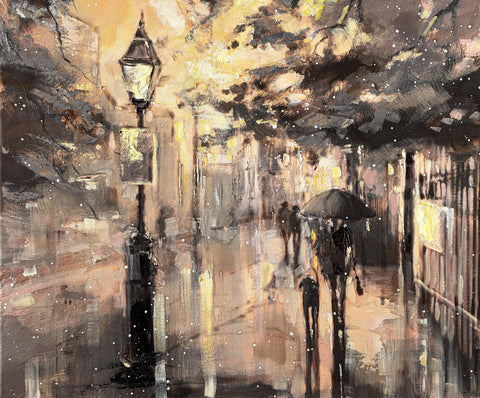 'Winter Night In Hyde Park' Oil Painting on Canvas - Eva Czarniecka Umbrella Oil paintings Rain London Streets Pallets Knife Limited Edition Prints Impressionism Art Contemporary