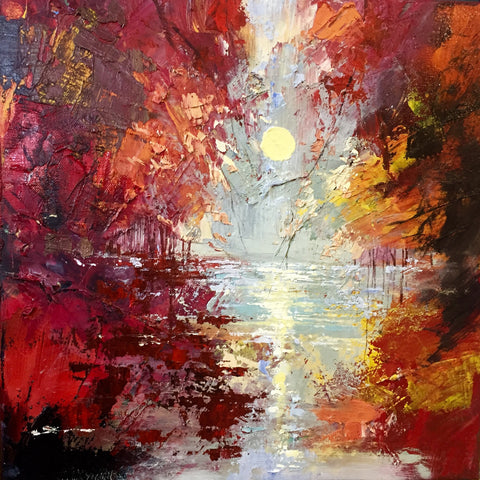 'Autumn Sun' 2016 Oil on Canvas, Ready to Hang - Eva Czarniecka Umbrella Oil paintings Rain London Streets Pallets Knife Limited Edition Prints Impressionism Art Contemporary