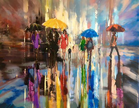 'Running through the Rain' Oil Painting on Canvas Ready to Hang - Eva Czarniecka Umbrella Oil paintings Rain London Streets Pallets Knife Limited Edition Prints Impressionism Art Contemporary