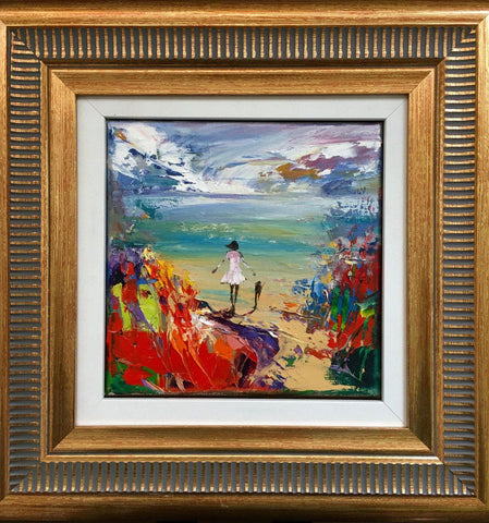 'Beach time with a Friend' Framed Oil Painting on Canvas RESERVED - Eva Czarniecka Umbrella Oil paintings Rain London Streets Pallets Knife Limited Edition Prints Impressionism Art Contemporary