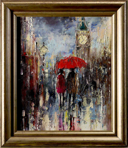 'London at Night' Original Oil Painting on Canvas Ready to Hang Framed FREE SHIPPING - Eva Czarniecka Umbrella Oil paintings Rain London Streets Pallets Knife Limited Edition Prints Impressionism Art Contemporary  