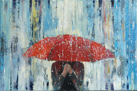 'Behind Red Umbrella' Modern Oil Painting, Canvas Ready to Hang, (Reserved for Steve) - Eva Czarniecka Umbrella Oil paintings Rain London Streets Pallets Knife Limited Edition Prints Impressionism Art Contemporary  