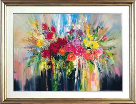 'Full Of Flowers' Laminated Giclee Print Framed Ready To Hang - Eva Czarniecka Umbrella Oil paintings Rain London Streets Pallets Knife Limited Edition Prints Impressionism Art Contemporary  