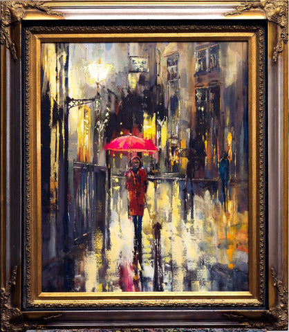 'City at Night' (2017) Oil Painting on Canvas Ready to Hang, Framed - Eva Czarniecka Umbrella Oil paintings Rain London Streets Pallets Knife Limited Edition Prints Impressionism Art Contemporary  
