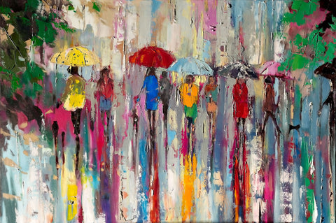 'Lazy Sunday' ( 2017) Oil Picture Ready To Hang - Eva Czarniecka Umbrella Oil paintings Rain London Streets Pallets Knife Limited Edition Prints Impressionism Art Contemporary  