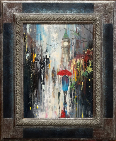 'Evening Stroll in Westminster'  (2017) Oil Painting on Canvas Framed Ready to Hang - Eva Czarniecka Umbrella Oil paintings Rain London Streets Pallets Knife Limited Edition Prints Impressionism Art Contemporary  