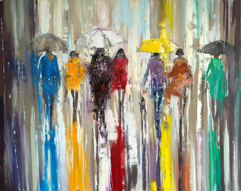 'Ocean Rain' Oil Painting on Canvas Ready to Hang - Eva Czarniecka Umbrella Oil paintings Rain London Streets Pallets Knife Limited Edition Prints Impressionism Art Contemporary  