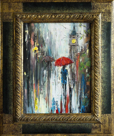 'Evening Stroll II' (2017) Oil Painting on Canvas Framed Ready to Hang - Eva Czarniecka Umbrella Oil paintings Rain London Streets Pallets Knife Limited Edition Prints Impressionism Art Contemporary  