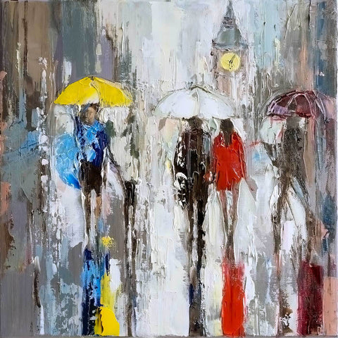 'Winter Reflection'  Oil Painting on Canvas, Ready to Hang - Eva Czarniecka Umbrella Oil paintings Rain London Streets Pallets Knife Limited Edition Prints Impressionism Art Contemporary  